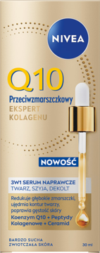 NIVEA Q10 Serum Naprawcze 3w1 do bardzo suchej skóry, złote opakowanie z kroplomierzem, 30ml.