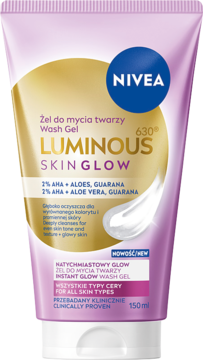 NIVEA Luminous Skin Glow żel do mycia twarzy 150ml, fioletowa tuba z AHA, aloesem i guaraną, przód.