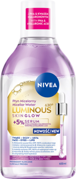 NIVEA Luminous Micellar Water 400ml, fioletowy płyn z 5% serum, PHA i kwasem hialuronowym, widok z przodu.