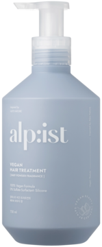 Jasnoniebieska butelka alp:ist Vegan Hair Treatment 500 ml z pompką, widok z przodu, z logo i opisem.