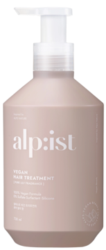 Alp:ist Vegan Hair Treatment w beżowej butelce z pompką, widok z przodu. 500ml, formuła bez siarczanów.