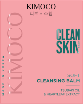 Różowe pudełko balsamu KIMOCO Clean Skin z Tsubaki Oil i Heartleaf Extract, widok z przodu.