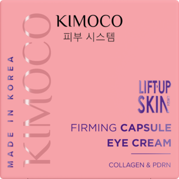 Różowe, kwadratowe opakowanie kremu pod oczy KIMOCO Firming Capsule z kolagenem i PDRN, widok z przodu.