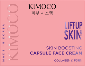 Różowe pudełko kremu KIMOCO Skin Boosting Capsule Face Cream z kolagenem i PDRN, widok z przodu.