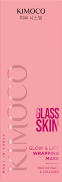 Maska KIMOCO GLASS SKIN Glow & Lift z ryżem i kolagenem w różowym opakowaniu, napis 'Made in Korea'.