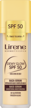 Lirene Dewy Glow SPF 50 baza-serum w beżowej butelce, wygładzająco-nawilżające. Złota nakrętka, front.