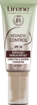 Podkład Lirene Redness Control SPF 30 Light 01, korygujący i kryjący, w beżowej tubce, widok frontalny.