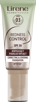 Beżowy podkład Lirene Redness Control SPF 30, odcień 03, w tubce z pompką, korygujący i kryjący, widok z przodu.