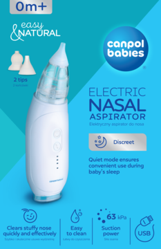Canpol babies Easy Natural, biały elektryczny aspirator do nosa z 2 końcówkami, widok frontalny na niebieskim tle.
