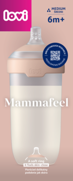 Butelka Lovi Mammafeel 330ml, beżowa, widok z przodu, smoczek z pierścieniem skin-close, dla 6m+.