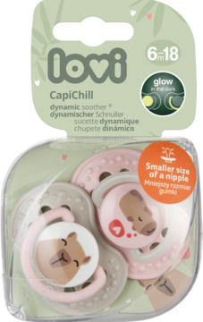Dwa smoczki silikonowe LOVI CapiChill 6-18m+, różowy i szary z lamą, w blistrze z funkcją glow-in-the-dark.