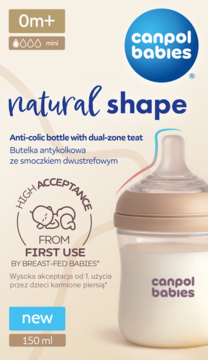 Canpol butelka Natural Shape antykolikowa 150ml, beżowa, smoczek dwustrefowy dla karmienia łączonego.