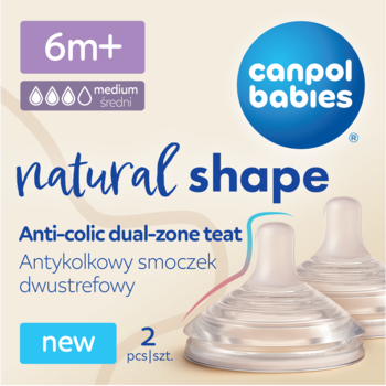 Smoczki Canpol babies natural shape, antykolkowe, dwustrefowe 6m+, 2 szt., z widocznym opakowaniem.