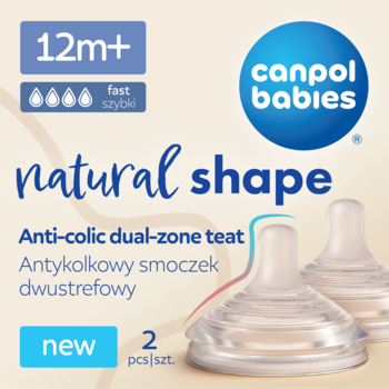 Canpol babies: dwa smoczki Natural-Shape 12m+ antykolkowe dwustrefowe, przezroczyste, z niebieskimi detalami.