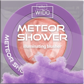 Wibo Meteor Shower, rozświetlający róż do policzków cream-to-powder. Fioletowy kompakt, brzoskwiniowy kolor, widok z góry.