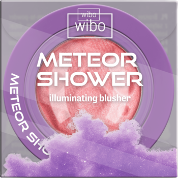 Wibo Meteor Shower, rozświetlający róż w fioletowym opakowaniu, z okrągłym, brzoskwiniowym pudrem i dymem.