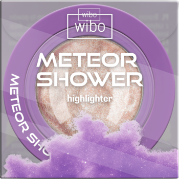 Wibo Meteor Shower rozświetlacz, okrągłe fioletowe opakowanie z iskrzącym, perłowym pudrem, widok z przodu.
