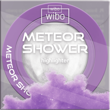 Rozświetlacz Wibo Meteor Shower w fioletowym, okrągłym opakowaniu z białym środkiem, efekt gwiezdnego pyłu.