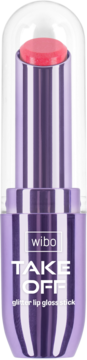 Wibo Take Off glitter lip gloss stick w metalicznej, fioletowej oprawie z różowym sztyftem, widok z przodu.