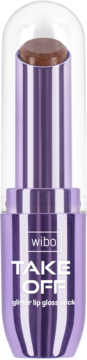 Wibo TAKE OFF glitter lip gloss stick, fioletowe, metaliczne opakowanie z brązowym sztyftem i połyskiem.