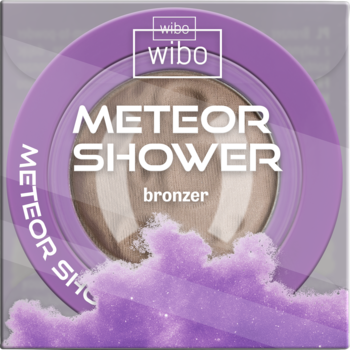 Wibo Meteor Shower bronzer w okrągłym fioletowym kompakcie, widok z góry, z fioletowym pyłem. Cream to powder, satynowe wykończenie.