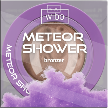 Wibo Meteor Shower bronzer, okrągły fioletowy kompakt z satynowym pudrem cream-to-powder, otoczony fioletowym pyłem.