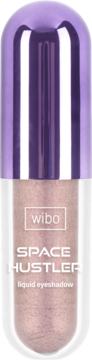 Wibo Space Hustler, intensywnie połyskujący płynny cień do powiek w butelce z fioletową zakrętką.