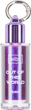 Wibo Out of This World błyszczyk do ust, fioletowy z brokatem, w przezroczystej butelce z metalowym karabińczykiem.