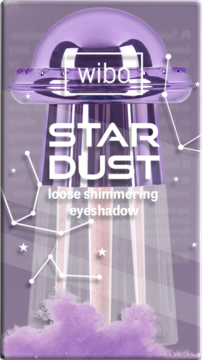 wibo STARDUST, sypki cień rozświetlający w fioletowym opakowaniu UFO. Perłowy pigment, widok z przodu.