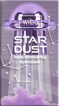 Wibo Star Dust, fioletowy sypki cień rozświetlający w metalicznym opakowaniu UFO, na gwiezdnym fioletowym tle.
