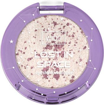 Intensywnie połyskujący topper do powiek Lost in Space w liliowym, okrągłym opakowaniu, widok z góry.