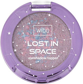Okrągły, fioletowy kompakt Wibo "Lost in Space", intensywnie połyskujący topper do powiek w różu i błękicie.