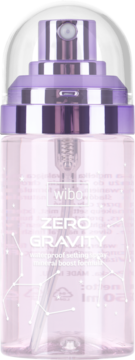 Wibo ZERO GRAVITY wodoodporny spray utrwalający w fioletowej butelce z gwiazdami, widok z przodu.