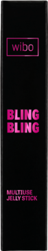 Czarne opakowanie wibo BLING BLING rozświetlający multiuse jelly stick, z różowymi napisami, widok z przodu.