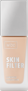 Wibo SKIN FILTER Luminous Foundation, beżowy podkład rozświetlający w szklanej butelce, srebrna nakrętka.