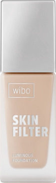 Wibo Skin Filter Luminous Foundation, beżowy w szklanej butelce ze srebrną nakrętką, widok z przodu.