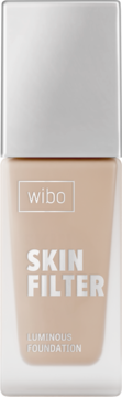 Wibo Skin Filter Luminous Foundation, jasny beżowy podkład w szklanej butelce, srebrna nakrętka, widok z przodu.