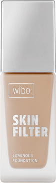 Wibo Skin Filter Luminous Foundation, podkład rozświetlający w beżowej, szklanej butelce z srebrnym napisem, przód.