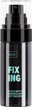 Wibo Fixing Spray, czarna butelka z niebieskim napisem "FIXING", matująca mgiełka mineralna, widok z przodu.