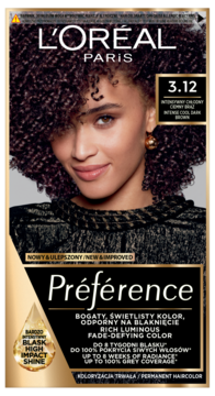 L'Oréal Préférence 3.12, ciemny chłodny brąz, trwała farba do włosów. Opakowanie z modelką i połyskiem.