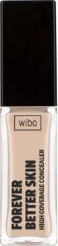 Jasnobeżowy korektor Wibo Forever Better Skin High Coverage w butelce, z czarną zakrętką, widok z przodu.