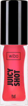 Wibo Juicy Shot nawilżający olejek do ust w przezroczystej butelce z czerwoną zawartością, czarną nakrętką, widok z przodu.