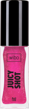 Różowy, brokatowy olejek do ust Wibo Juicy Shot w przezroczystej butelce z czarną zakrętką, widok z przodu.
