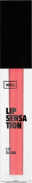Wibo Lip Sensation, błyszczyk do ust w przezroczystej tubce z czarną zakrętką, różowo-koralowy odcień, widok z przodu.