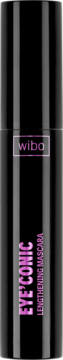 Front view of Wibo Eyeconic lengthening mascara in a shiny black cylindrical tube with purple text.