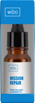 Wibo Mission Repair serum, brązowa butelka z zakraplaczem. Etykieta: Plant Collagen, Lavender Oil. Widok z przodu.