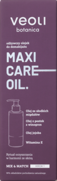 Veoli Botanica Maxi Care Oil, odżywczy olejek do demakijażu, purpurowy karton z ikoną butelki, widok z przodu.