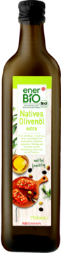 EnerBIO Natives Olivenöl extra 750ml, butelka z ciemnego szkła z zielono-białą etykietą "mittel fruchtig", widok z przodu.