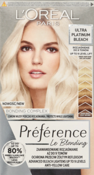 Front opakowania L'Oréal Préférence Ultra Platinum Bleach, rozjaśniacz do włosów do 9 tonów, efekt platynowego blondu.