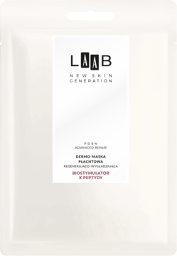 LAAB Dermo-Maska Płachtowa Biostymulator z peptydami, regenerująca, biała saszetka, widok z przodu.